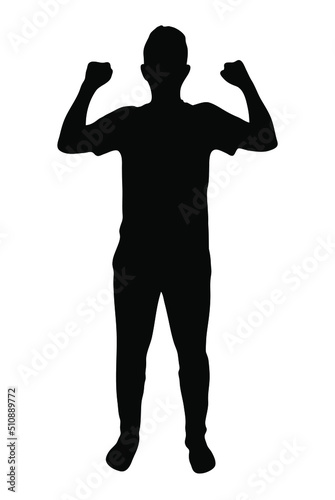 Happy man two fists in air vector silhouette, isolated on white background, fill with black colour, shadow idea, victory and happiness concept