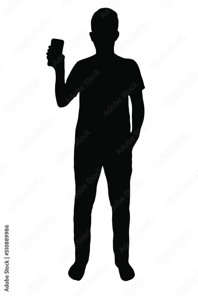 Man showing phone screen vector silhouette, isolated on white background, fill with black color, shadow idea, advertising concept