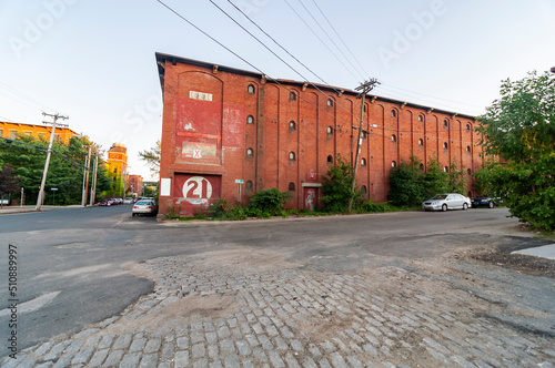 The historic brick pepperell center or former mill building in the town of Biddeford Maine