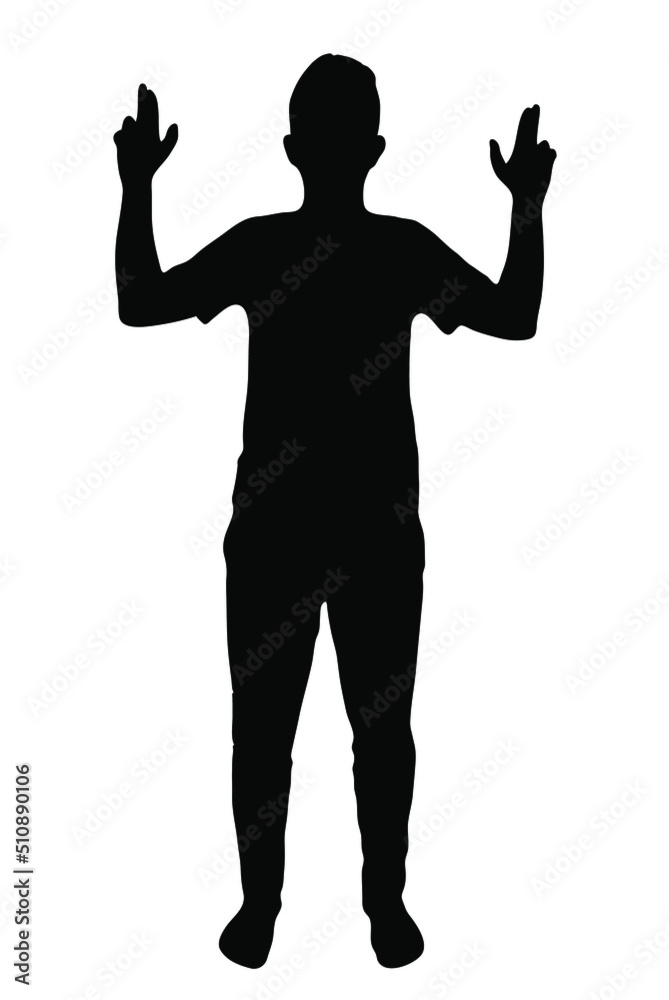 Man making gun with his fingers vector silhouette, isolated on white background, fill with black color, shadow idea, violence concept
