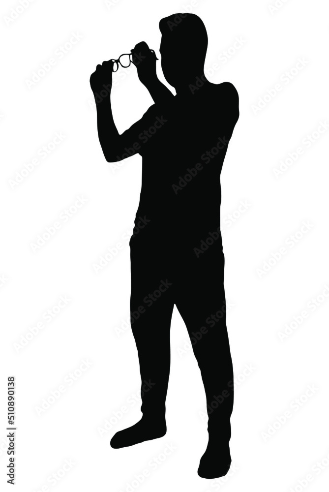 Man wearing glasses vector silhouette, isolated on white background, young person fill with black color, shadow idea, boy with glasses Man wearing glasses vector silhouette, isolated on white background, young person fill with black color, shadow idea, boy with glasses