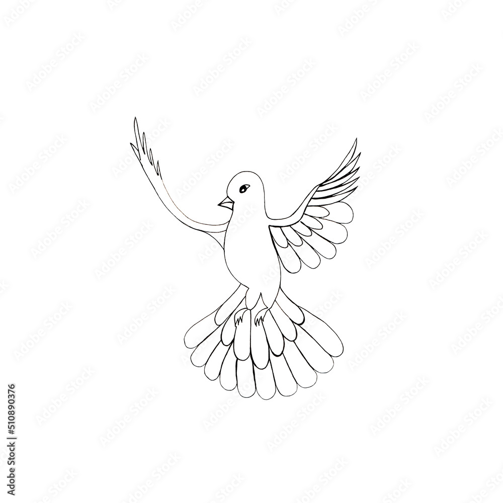 Obraz premium graphic black and white drawing of a flying dove hand drawn peace symbol on a white background 