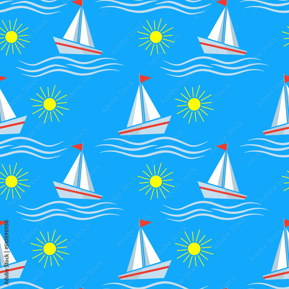 Vector seamless pattern of ship at sea, sailboats, speedboat, yacht, sailboat, cruiser. Sea marine travel background for fabric and textile. Illustration wallpaper