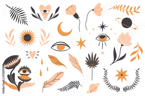 Hand drawn doodle magic plants and symbols collection