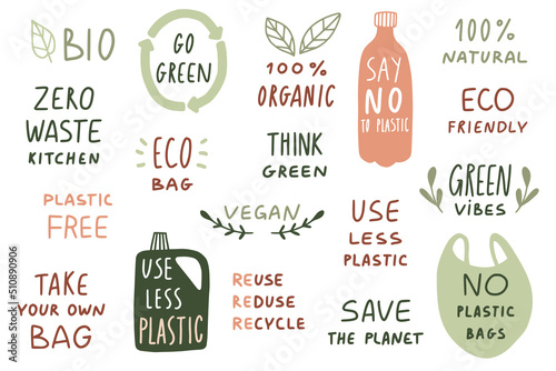 Set of ecology  phrases, quotes. Zero waste lifestyle