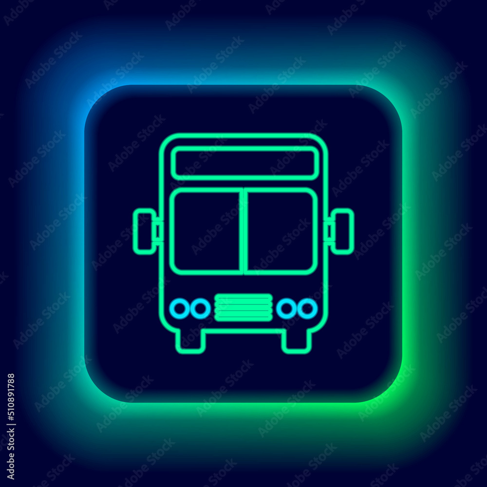 Glowing neon line Bus icon isolated on black background. Transportation concept. Bus tour transport sign. Tourism or public vehicle symbol. Colorful outline concept. Vector