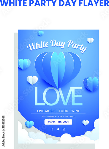 Happy White Day Sale Banner Vector design. Realistic balloon hearts and gifts on blue rhombic pattern background