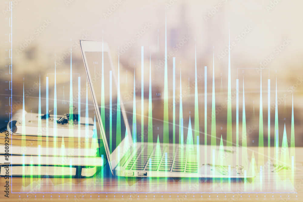 Stock market graph and table with computer background. Multi exposure. Concept of financial analysis. Stock market graph and table with computer background. Multi exposure. Concept of financial analysis.