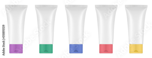 Set of tubes with multicolored caps. 3d mockup. Rainbow palette. Purple, blue, green, yellow and red colors. Hand cream, mask or lotion. Professional shampoo. Plastic bottle.