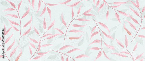 Watercolor abstract art background with pink exotic leaves. Botanical banner with a pattern of tree branches for decoration, print, wallpaper, textile