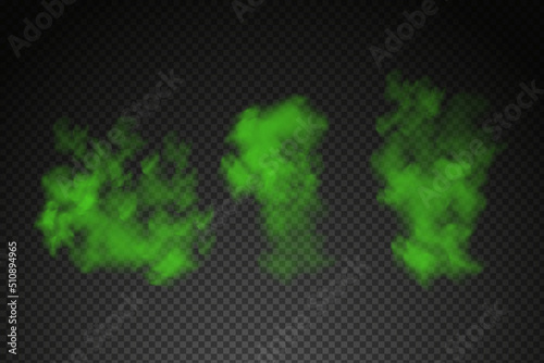Green stink bad smell, smoke or poison gases,chemical toxic vapour.Vector realistic set of stench breath or sweat odor isolated on transparent checkered background.