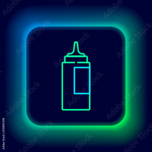 Glowing neon line Sauce bottle icon isolated on black background. Ketchup, mustard and mayonnaise bottles with sauce for fast food. Colorful outline concept. Vector