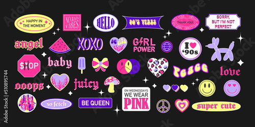 Cool trendy girly retro stickers with faces, cartoon comic label patches. Geek hipster vaporwave stickers in geometric shapes. Vector illustration of y2k , 90s graphic design badges