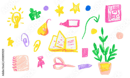 Set of illustrations for the day of knowledge drawn with wax crayons. A collection of children's images in doodle style with oil pastels. Designs for stickers, posters, postcards.