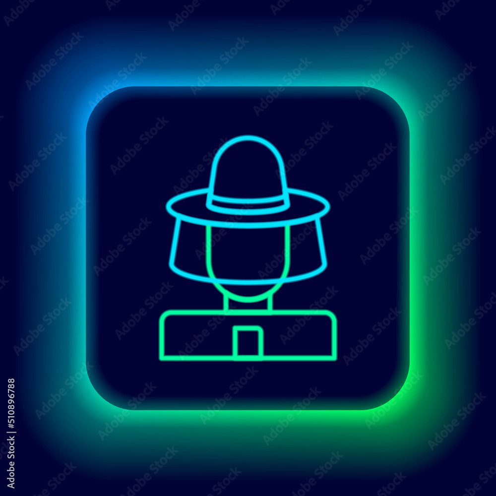 Glowing neon line Beekeeper with protect hat icon isolated on black background. Special protective uniform. Colorful outline concept. Vector
