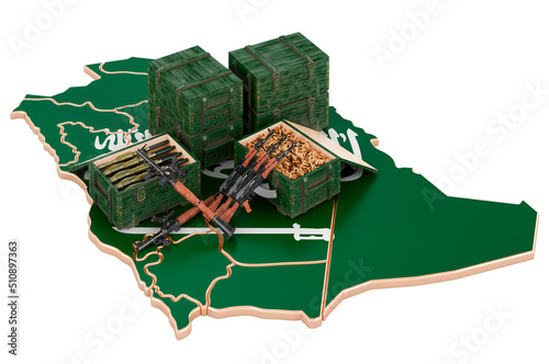 Saudi Arabian map with weapons. Military supplies in Saudi Arabia, concept. 3D rendering photo