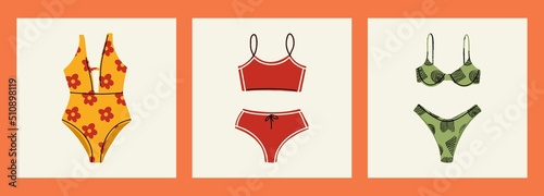 Summer isolated fashion items. Minimalistic simplified vector illustration. Different types of swimwear for the beach.