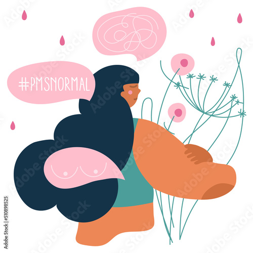 Vector illustration with body positive girls or young women and thinks about premenstrual syndrome or symptom, headache, sore chest. The menstrual period, PMS and blood is NORMAL.
