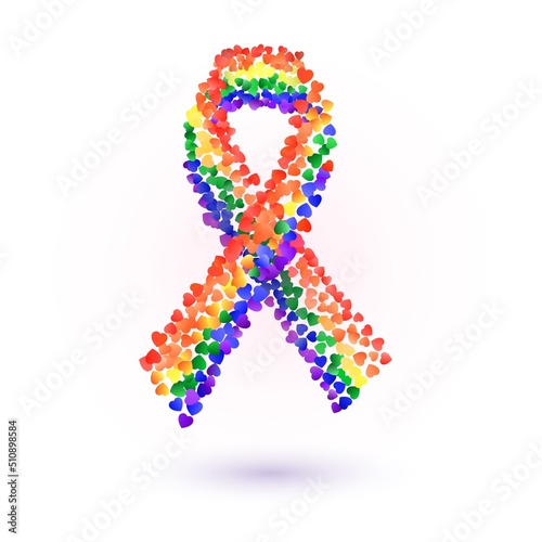 Rainbow Pride flag ribbon with heart elements. LGBT community and movement of sexual minorities. LGBT Pride Month concept.