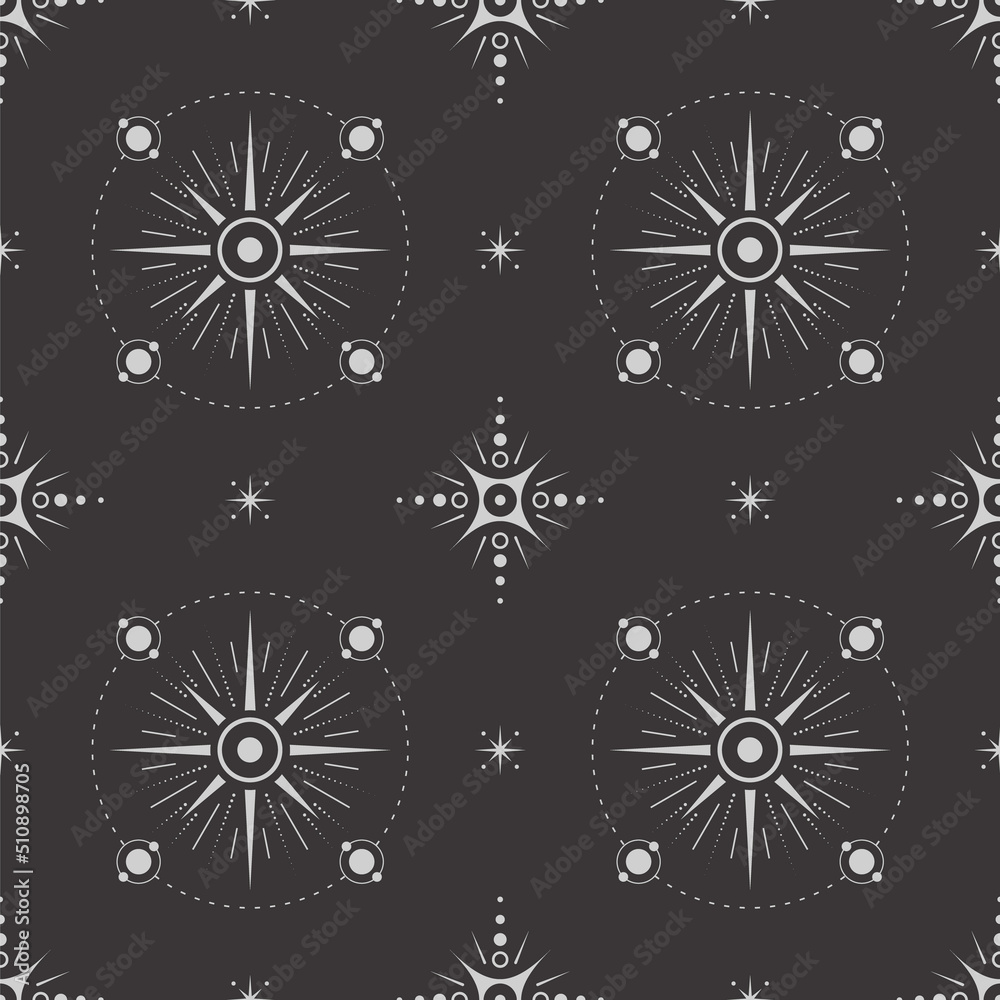 Vector seamless dark celestial pattern with different ornate shiny stars on a black. Linear esoteric mystical background for wrapping paper, packaging, fabric and wallpaper