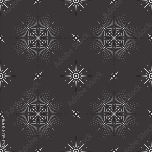 Vector seamless dark celestial pattern with different ornate shiny stars on a black. Linear esoteric mystical background for wrapping paper, packaging, fabric and wallpaper
