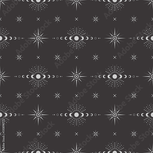 Vector seamless dark celestial pattern with different ornate shiny stars, moon phases and crescents on a black. Linear esoteric mystical background for wrapping paper, packaging, fabric, wallpaper