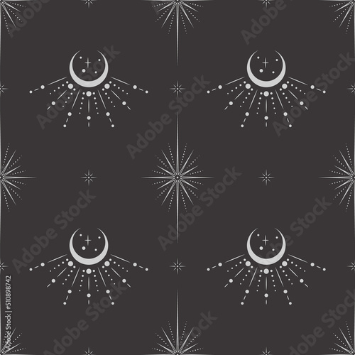 Vector seamless dark celestial pattern with ornate shiny stars and crescents with beams on a black. Esoteric mystical background for wrapping paper, packaging, fabric and wallpaper