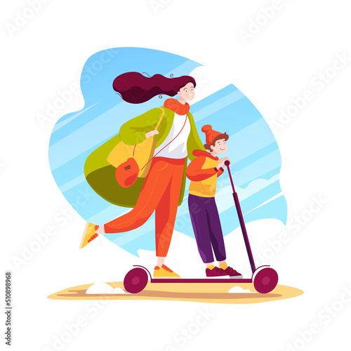 Riding a scooter isolated cartoon vector illustration.