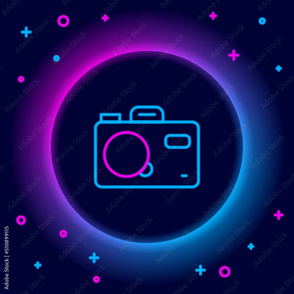Glowing neon line Photo camera icon isolated on black background. Foto camera. Digital photography. Colorful outline concept. Vector Glowing neon line Photo camera icon isolated on black background. Foto camera. Digital photography. Colorful outline concept. Vector