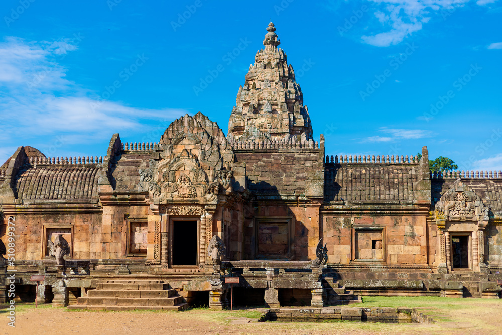 Fototapeta premium In front of sandstone castle, Phanom rung in Buriram province, Thailand. Religious buildings constructed by the ancient Khmer art, clear sky.