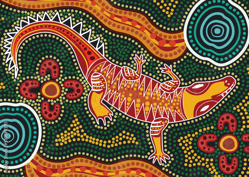 Tableau sur toile Crocodile art in aboriginal dot style