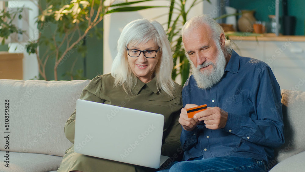 Excited Happy Elderly Couple Shopping Online From Home Using Computer and Credit Card. Online Shopping, Selection of Goods for Ordering on the Internet. Modern Technologies and Retirement Concept. Excited Happy Elderly Couple Shopping Online From Home Using Computer and Credit Card. Online Shopping, Selection of Goods for Ordering on the Internet. Modern Technologies and Retirement Concept.