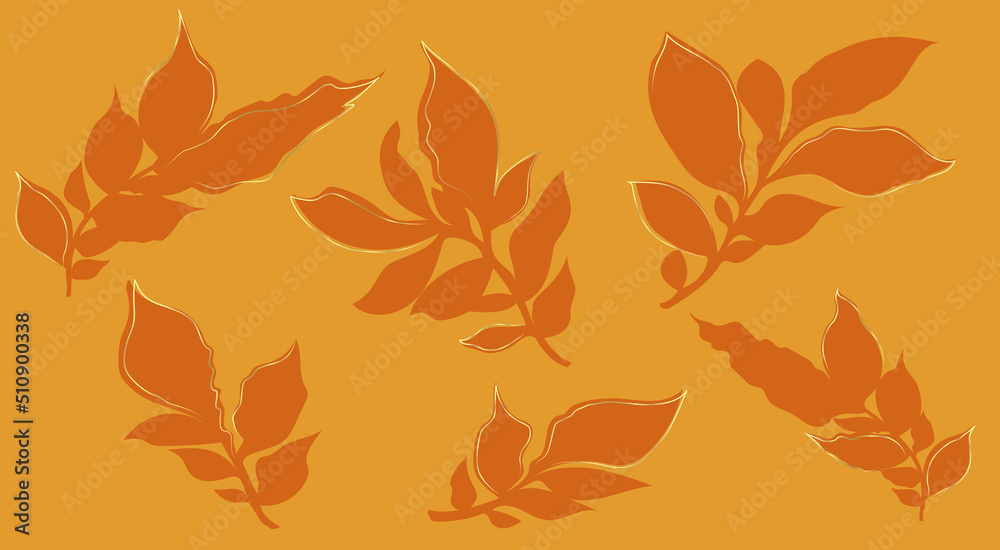 Original graphic wallpaper. Minimalist background in orange autumn tones, restrained but juicy. On a light background, darker twigs with leaves, selective decoration with golden lines.