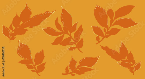 Original graphic wallpaper. Minimalist background in orange autumn tones  restrained but juicy. On a light background  darker twigs with leaves  selective decoration with golden lines.