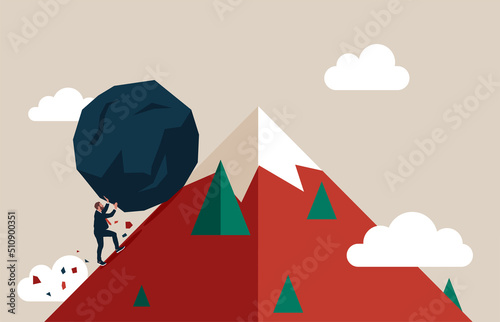 Entrepreneur pushing boulder uphill to mountain peak. Hard work like pushing boulder uphill, burden or obstacle, business difficulty, struggle, challenge to success, motivation or persistence. © Vadym