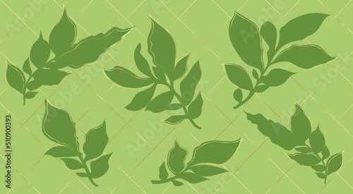 Vector illustration, background in the style of minimalism. Green twigs, leaves with additional linear gold accents on a light green background with a golden linear grid.
