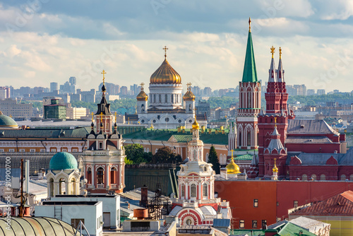 Photography Moscow cityscape with towers of Moscow Kremlin and Cathedral of Christ the Savio