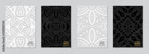 Cover set, vertical exotic templates. A collection of black and white backgrounds with a 3d relief pattern in the style of doodling. Ethnic, tribal ornaments of the East, Asia, India, Mexico, Aztecs, 