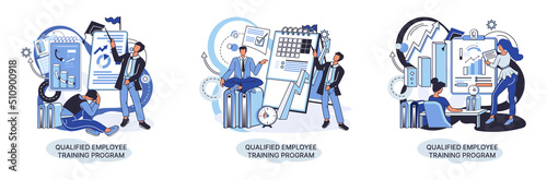Qualified employee training program. Refresher course metaphor. Help in professional development. Learning for software development and growth. Agile project management team project life scrum meeting
