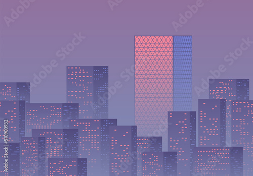 Violet sunset over the business city with skyscrapers. Purple highrise cityscape background in 80s style with sun reflections in the windows