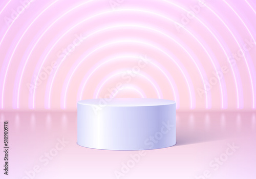 Pedestal or podium in round empty room with neon lights on the background. Architectural abstraction for product showcase or award ceremony.