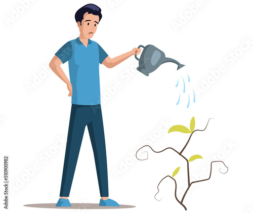 Frustrated man watering drying bush, takes care, tries to save plant small tree. Growing idea concept. Caring for nature, solving an environmental problem, global warming and drought on planet