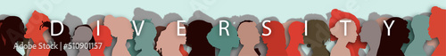 Word - Diversity. Silhouette of diversity people side. Group of multi-ethnic business co-workers and colleagues. Community of friends. Cooperation and collaboration.