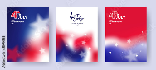 Fourth of July. 4th of July holiday set. Minimalist posters design template with fluid gradient in colors of american flag and stars. USA Independence Day backgrounds for greetings, sale, ads, promo