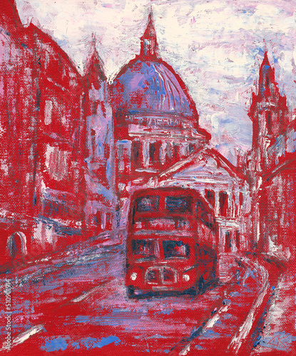 Red Bus on the street behind St Paul’s Cathedral in London, England art painting photo