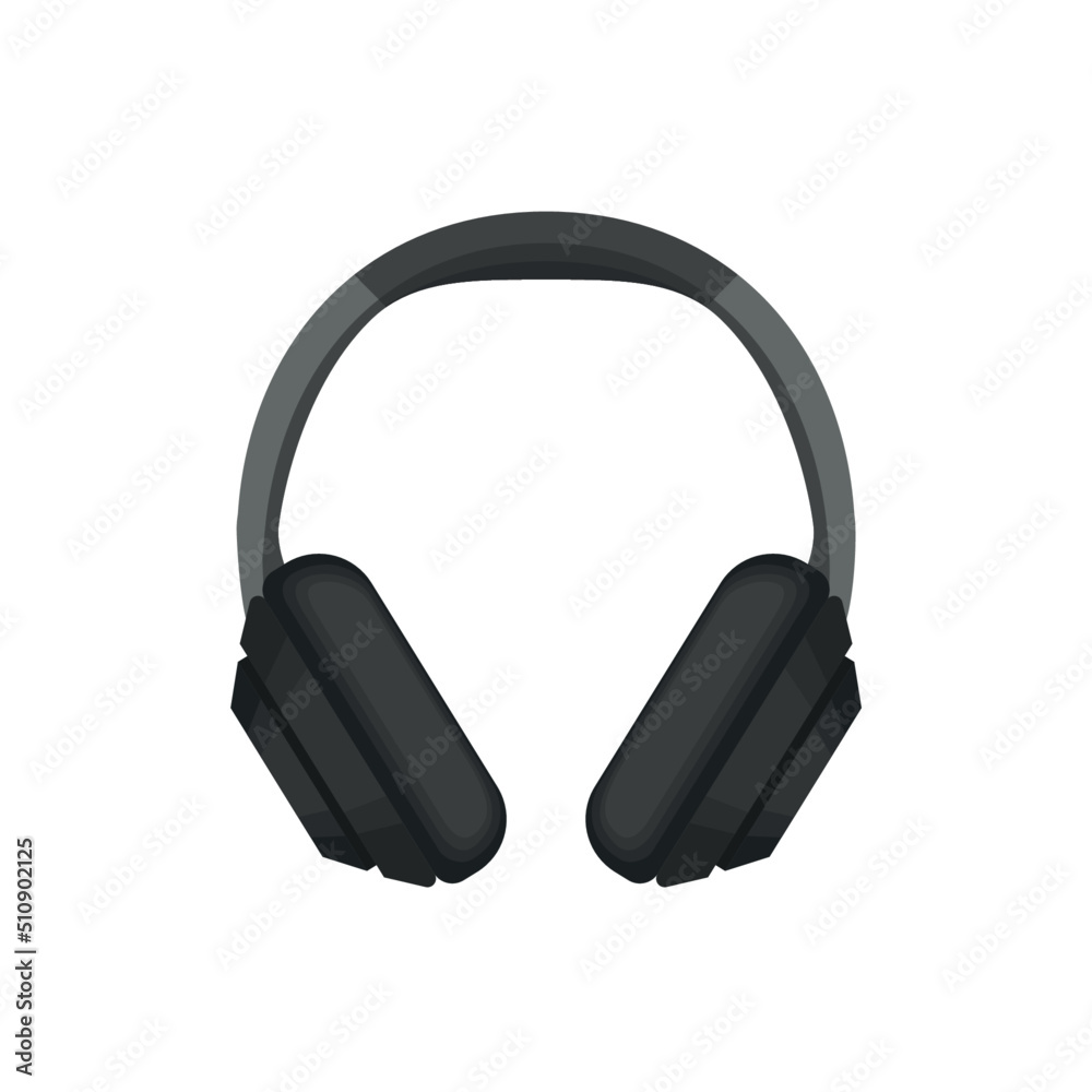 Fototapeta premium Black wireless headphones cartoon vector illustration. Earphones isolated design on white background. 