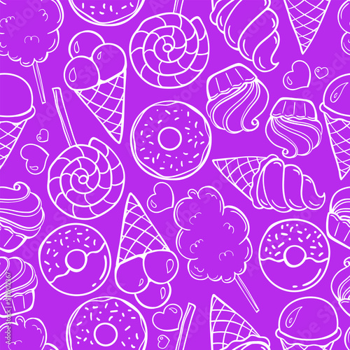 Seamless pattern with candy  donuts  ice cream and other sweets on bright purple background.
