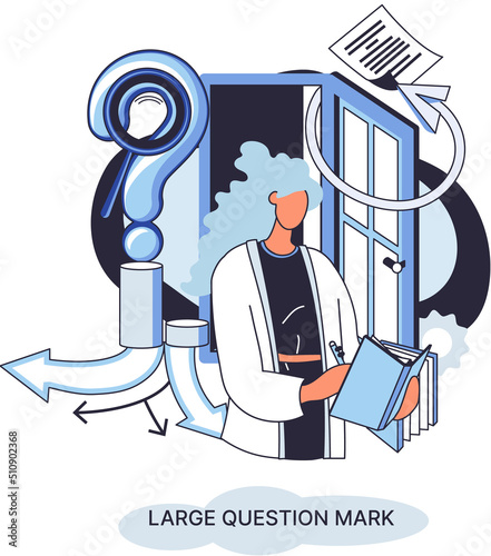 Business problem, indefinite idea, decision making and solution, job and career path concept, confusing woman stands with question mark sign. Solving complex issues why sign, online support center