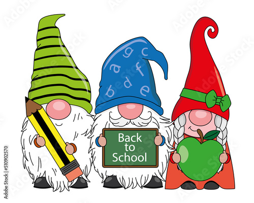 Cute gnomes with school supplies. isolated vector photo