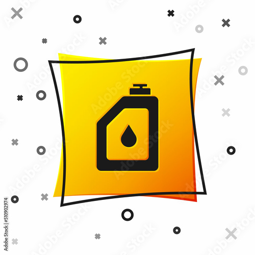 Black Canister for motor machine oil icon isolated on white background. Oil gallon. Oil change service and repair. Engine oil sign. Yellow square button. Vector